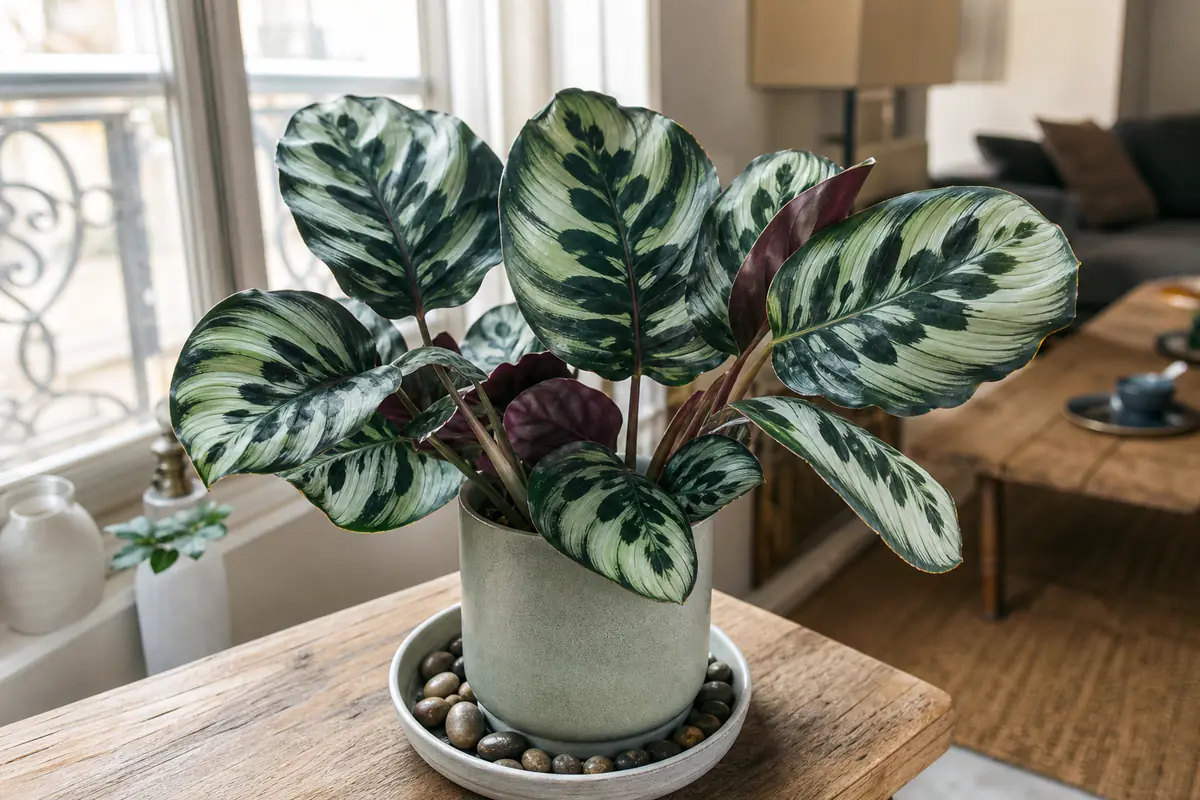 Calathea aux feuilles largement déployées et richement dessinées, dans un intérieur français lumineux et humide