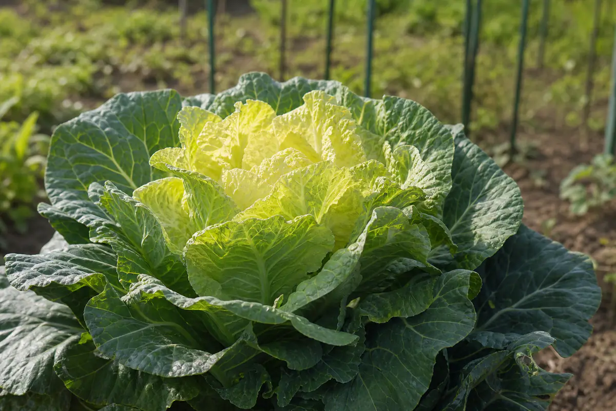 Jeunes feuilles jaunies au sommet d'un plant de chou dans un potager français, feuilles basses restées vertes