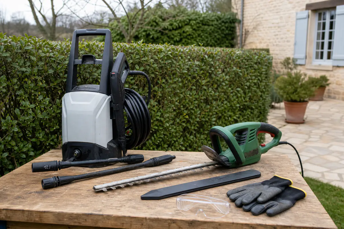 Trois outils de jardin posés sur une terrasse : nettoyeur, taille-haie et équipement de coupe sécurisé