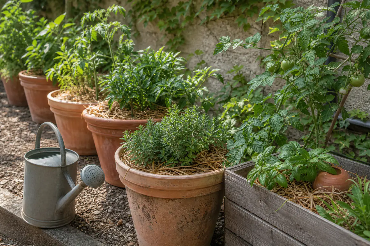 Pots de plantes regroupés à mi-ombre et paillés avant un départ en vacances dans un jardin français