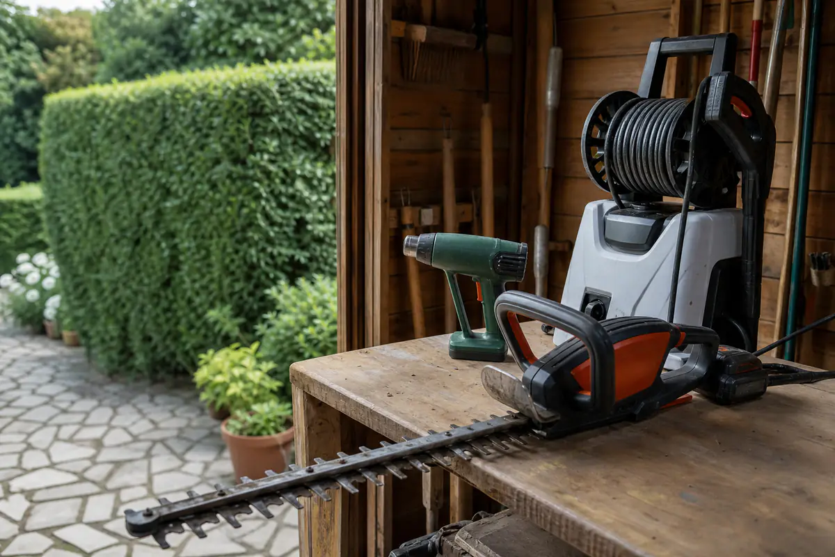 Taille-haie sans fil, décapeur thermique et nettoyeur rangés dans un abri de jardin lumineux et ordonné