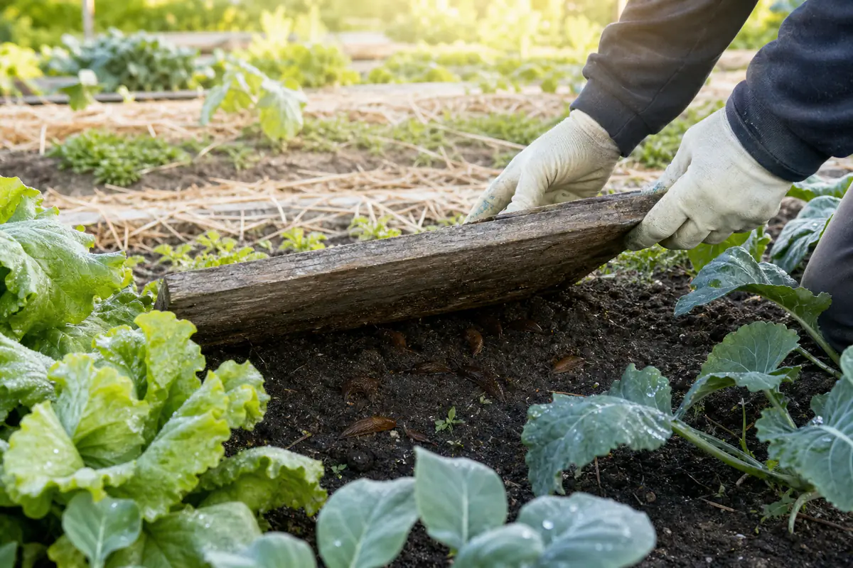 Planche de bois non traité soulevée dans un potager, avec des limaces regroupées sur la terre humide au matin