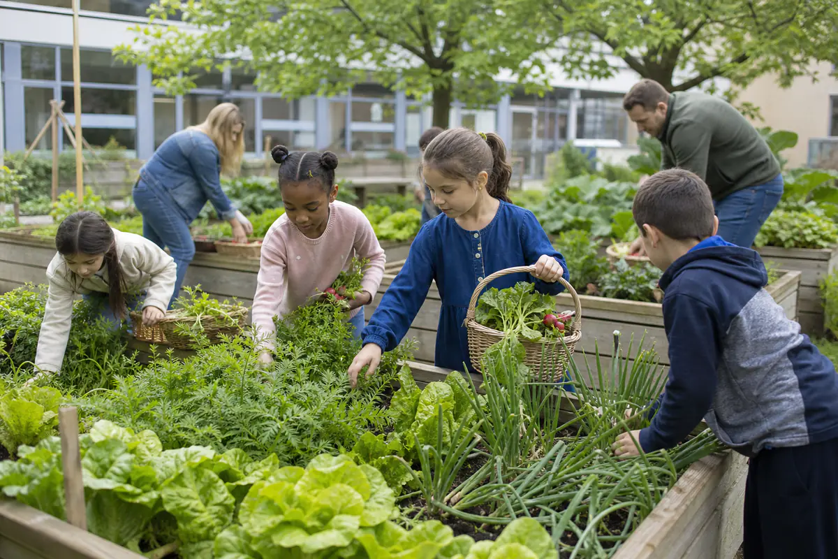 Élèves récoltant des radis et des herbes dans des bacs de potager près d’une cantine scolaire