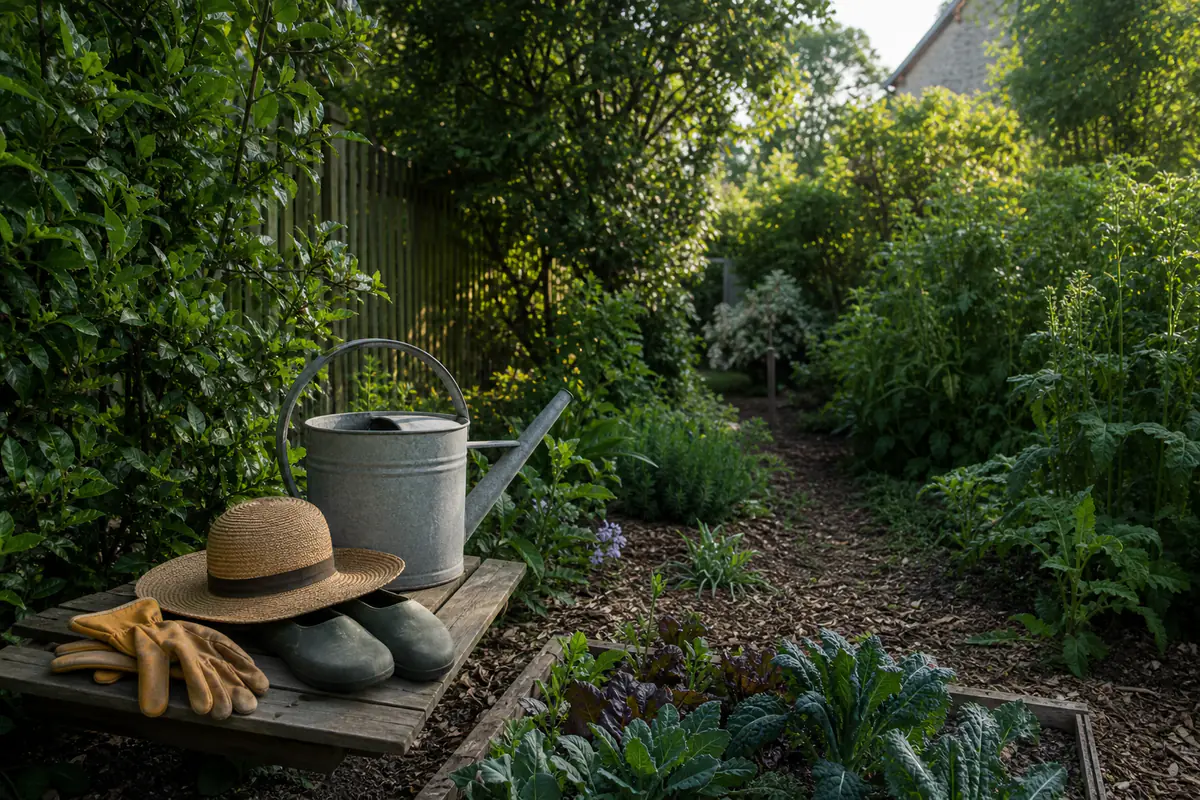Gants, arrosoir et petit tabouret posés dans un jardin clos, préparé pour un moment de jardinage discret