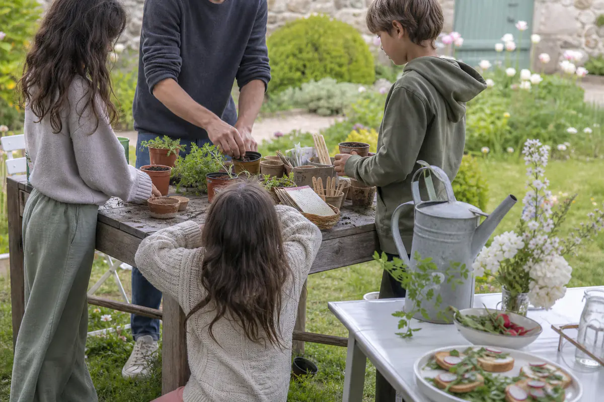 Famille réunie autour d’une table de semis dans un jardin printanier, avec godets, graines et goûter sain