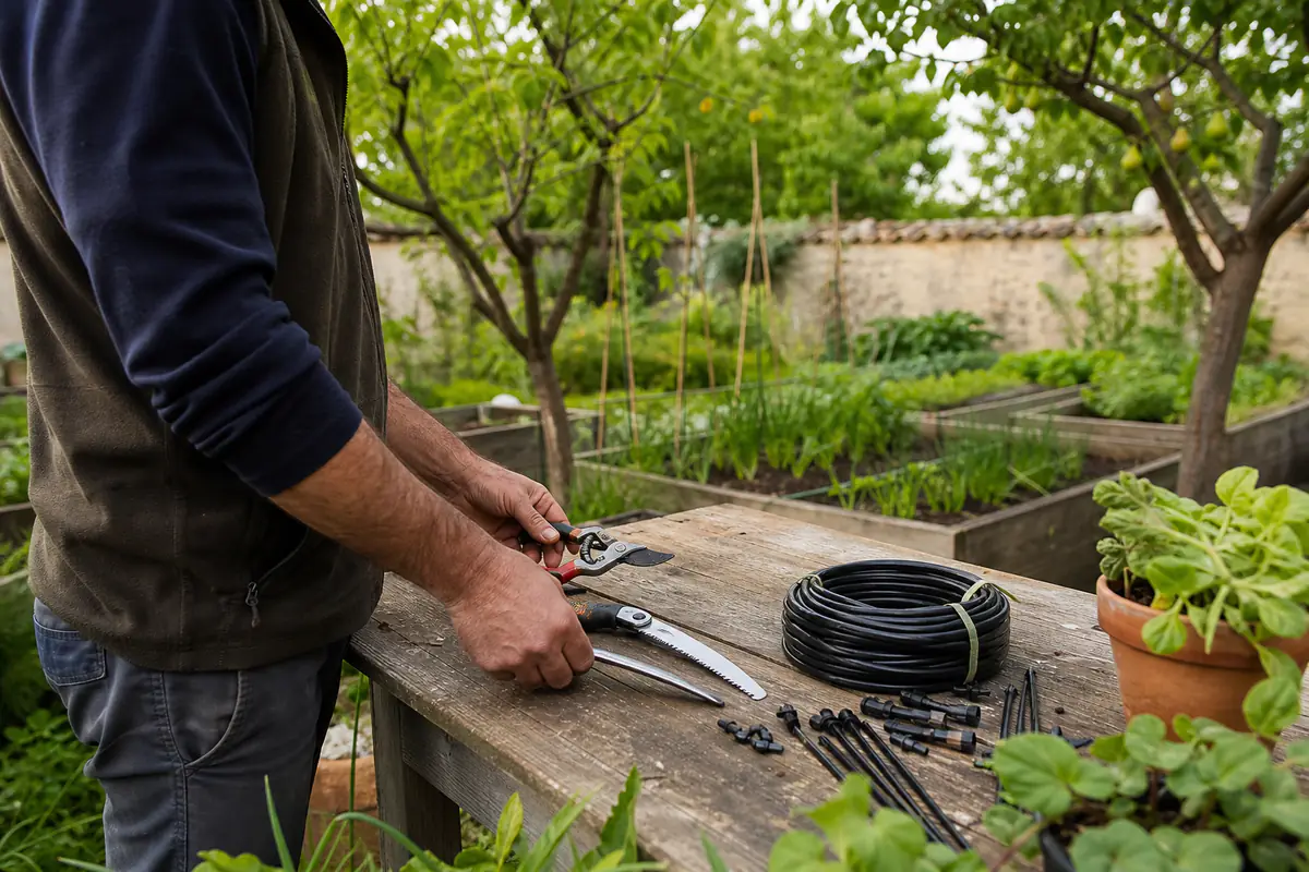 Papa jardinier préparant son sécateur et un kit de goutte-à-goutte dans un potager familial français