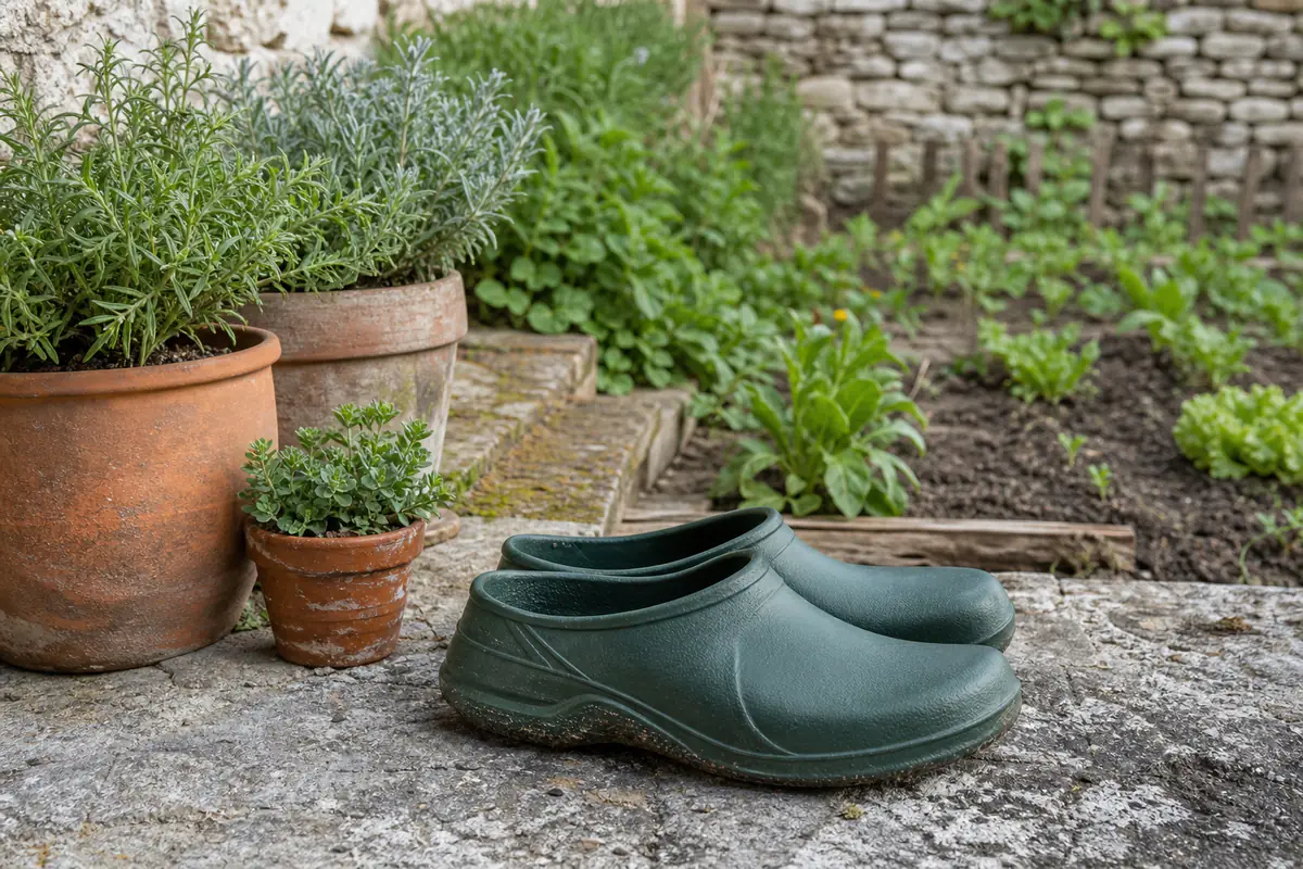 Paire de sabots de jardinage mats sur une terrasse française, près de pots et d’un potager verdoyant