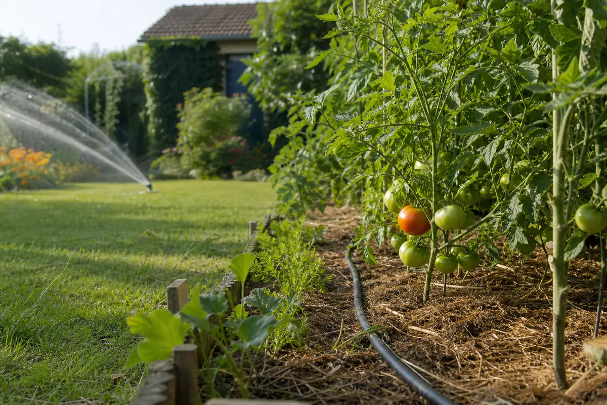 Arroseur de jardin arrosant une pelouse, loin d’un potager de tomates paillé et arrosé au pied