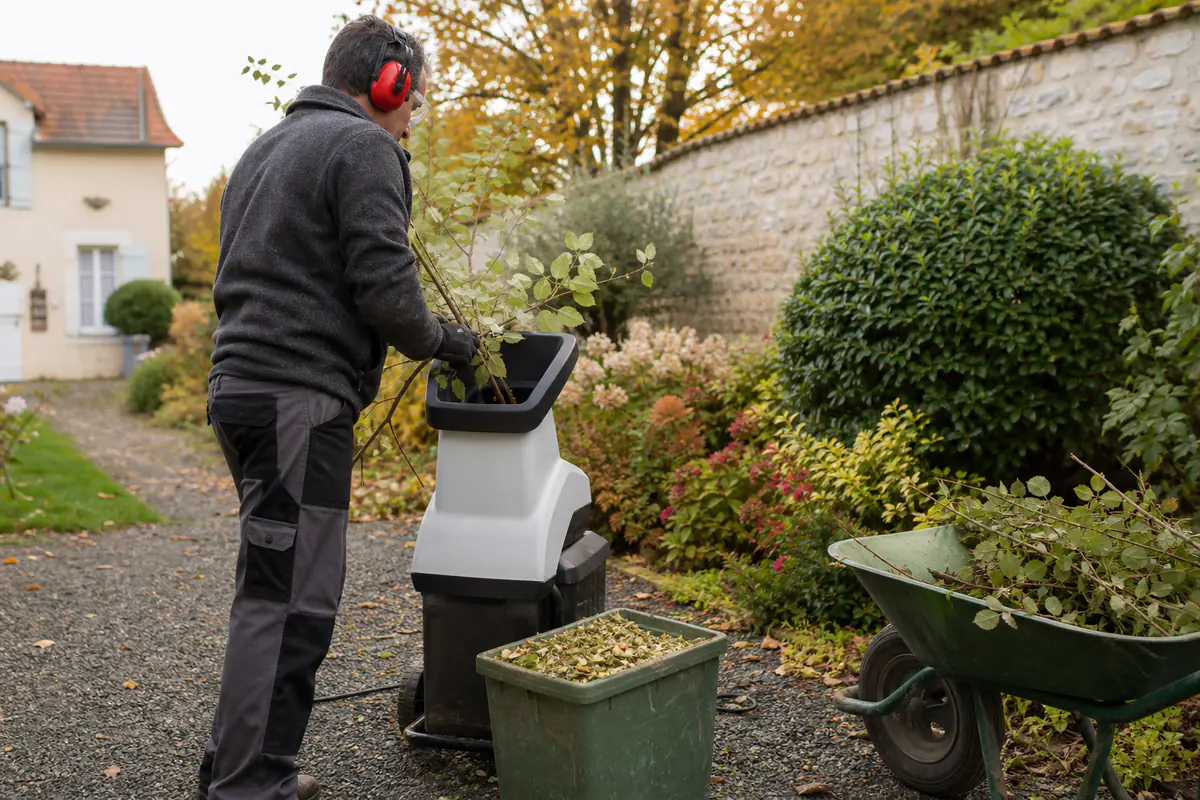Broyeur électrique réduisant des rameaux de haie en copeaux sur une terrasse de jardin français en automne