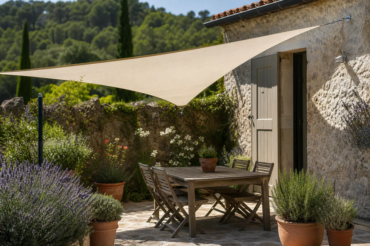 Voile d’ombrage triangulaire beige tendue au-dessus d’une terrasse française avec table et plantes en pots