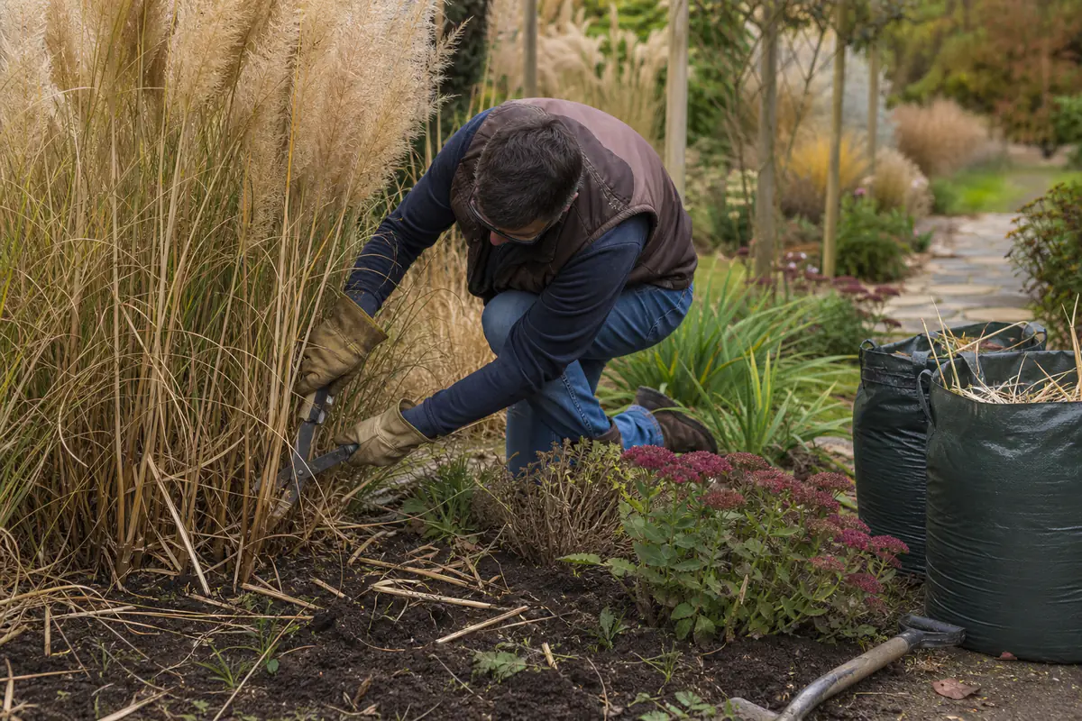 Jardinier équipé de gants coupant une touffe d’herbe de la pampa avant son arrachage contrôlé