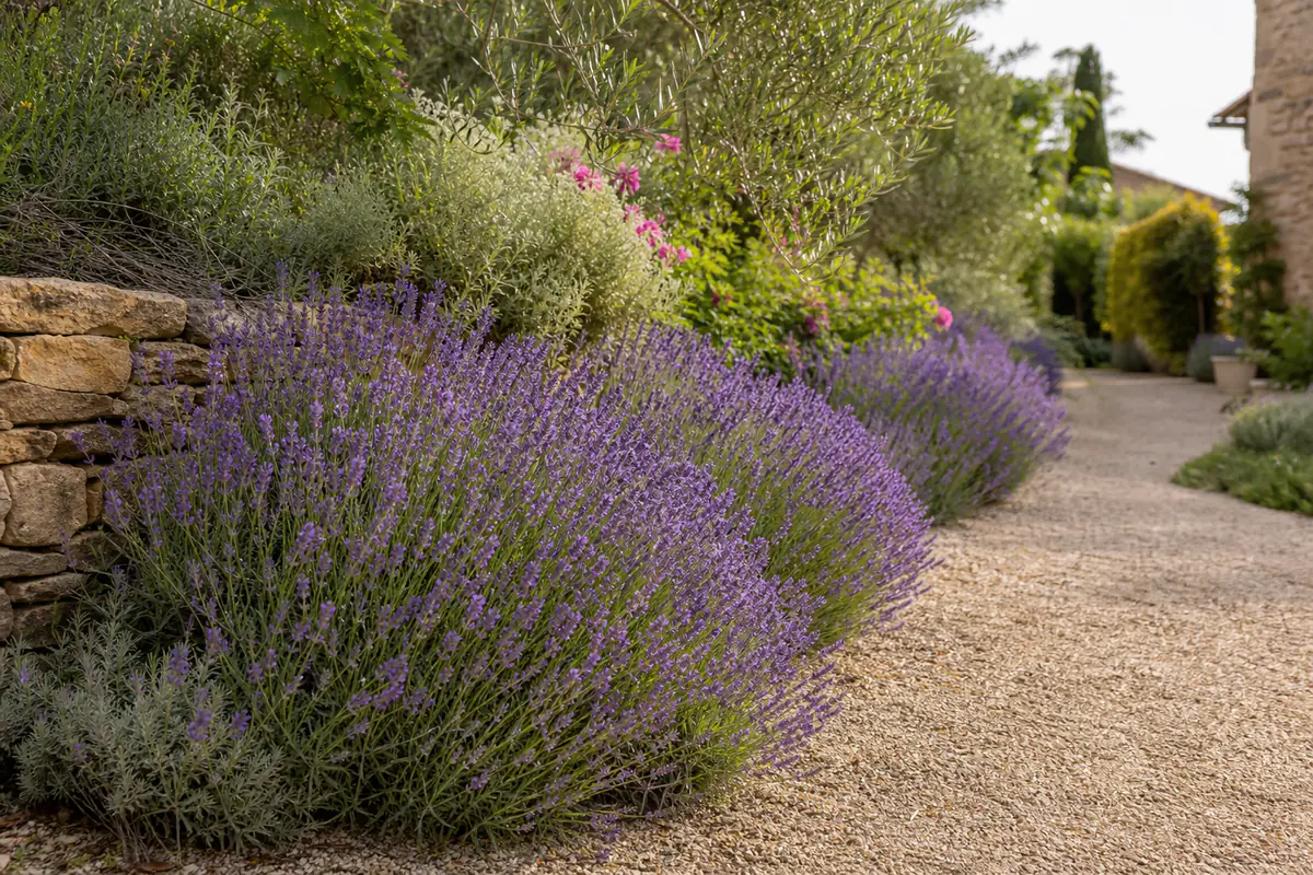 Touffes de lavande violette en fleurs bordant une allée de jardin français baignée de soleil estival