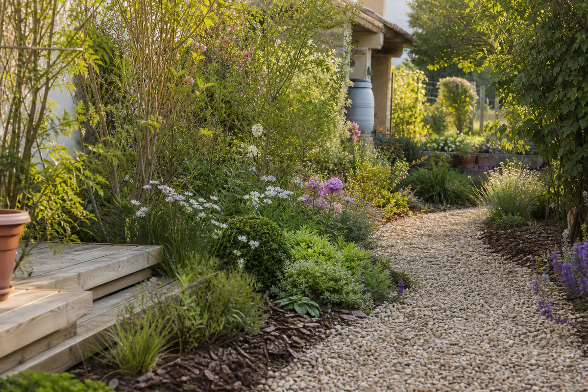 Jardin français en évolution avec chemin perméable, massifs paillés, arbustes et terrasse baignée de lumière naturelle