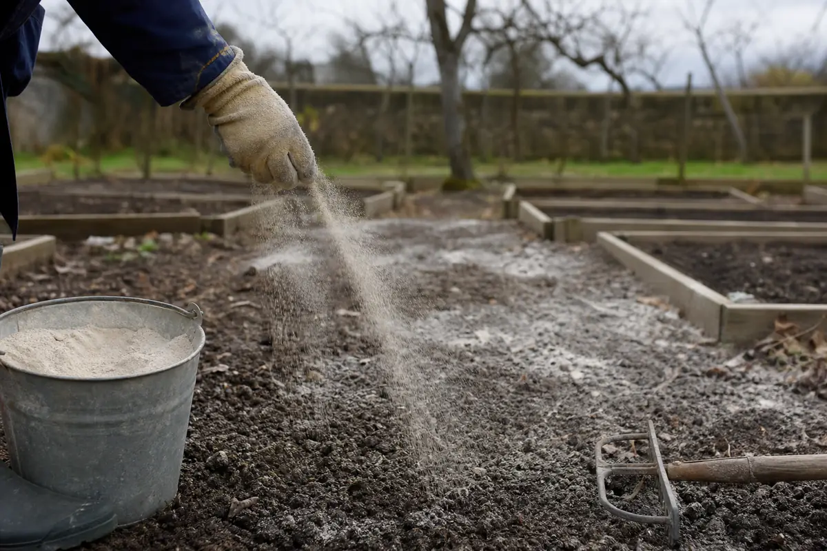 Épandage à la main de calcaire broyé blanc sur la terre nue d’un potager en fin d’automne, seau et râteau posés au sol