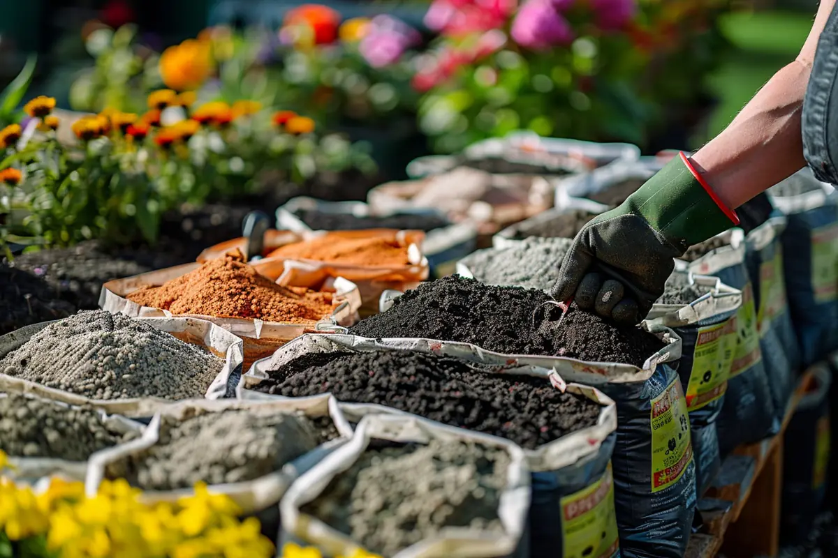 Différents sacs de terreau ouverts près de pots, montrant fibres, écorces et substrats drainants au jardin