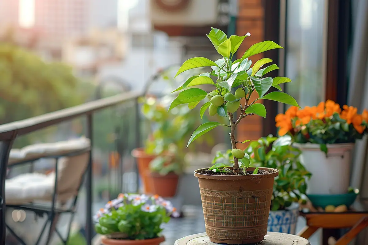 Jeune pommier colonnaire en pot sur un balcon ensoleillé, paillé et entouré d’aromatiques en pots