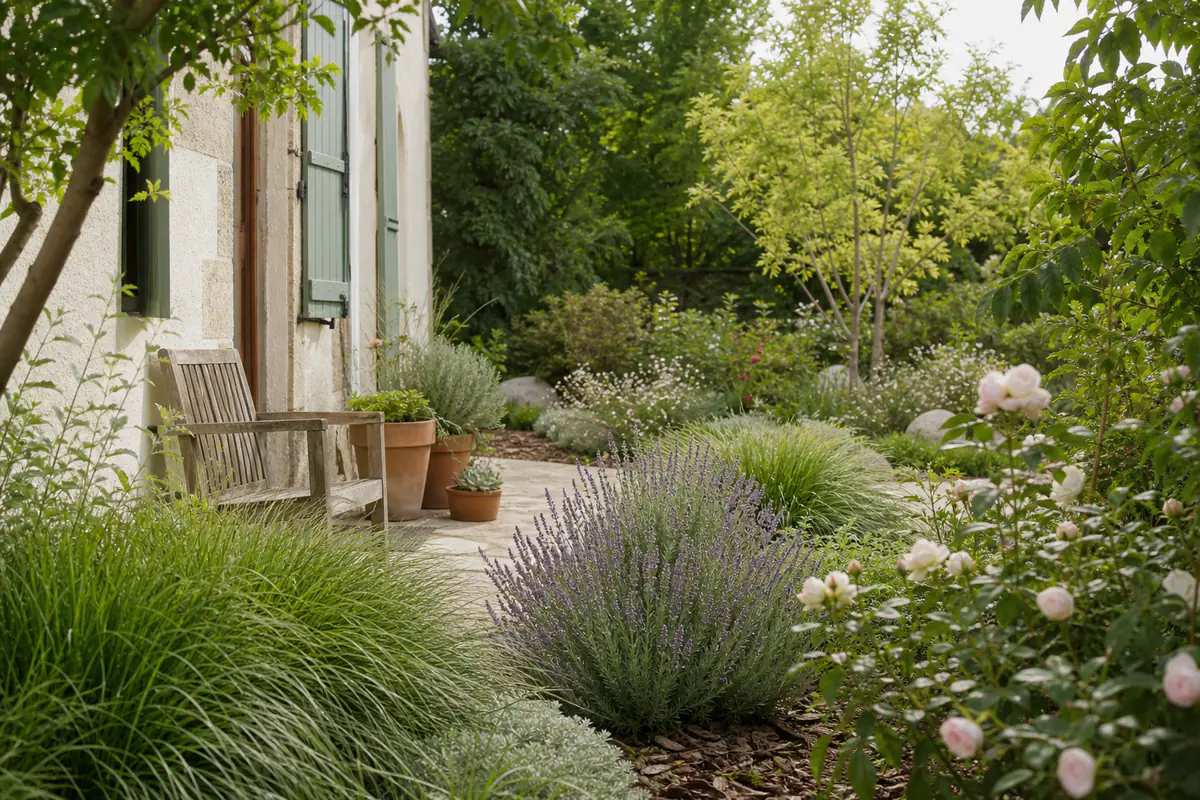 Coin détente végétalisé près d’une maison française, avec fauteuil en bois, pots en terre cuite et massif fleuri.