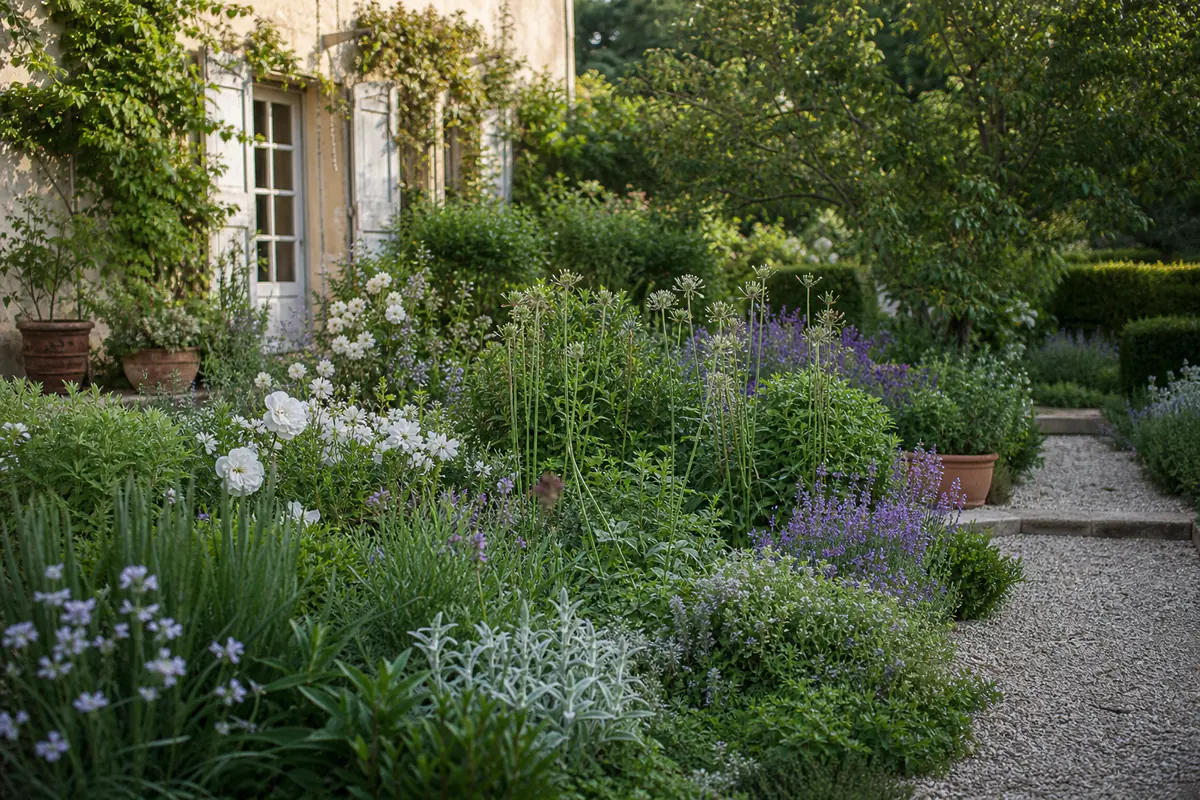 Jardin français élégant avec bordures nettes, vivaces bien espacées et allée minérale en lumière douce
