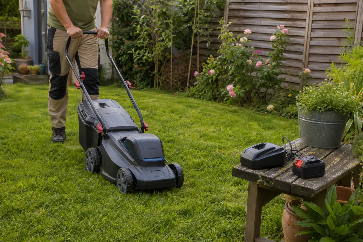 Jardinier utilisant une tondeuse électrique à faible bruit dans un petit jardin résidentiel français verdoyant