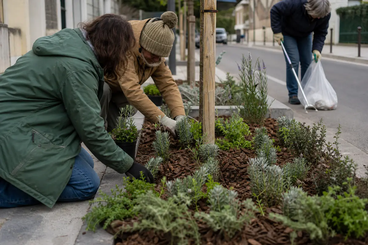 Habitants équipés de gants plantant des vivaces et ramassant des déchets dans une rue végétalisée
