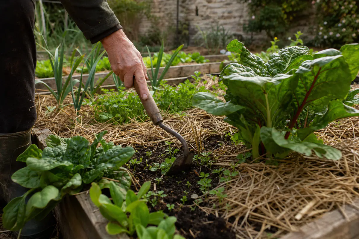 Jardinière retirant de jeunes herbes indésirables dans un potager paillé, à la lumière douce du matin.