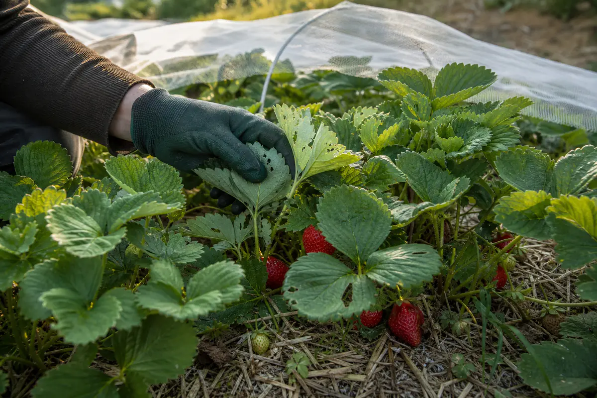 Fraisier en fleurs protégé par un filet fin, avec feuilles légèrement trouées inspectées à la main au jardin