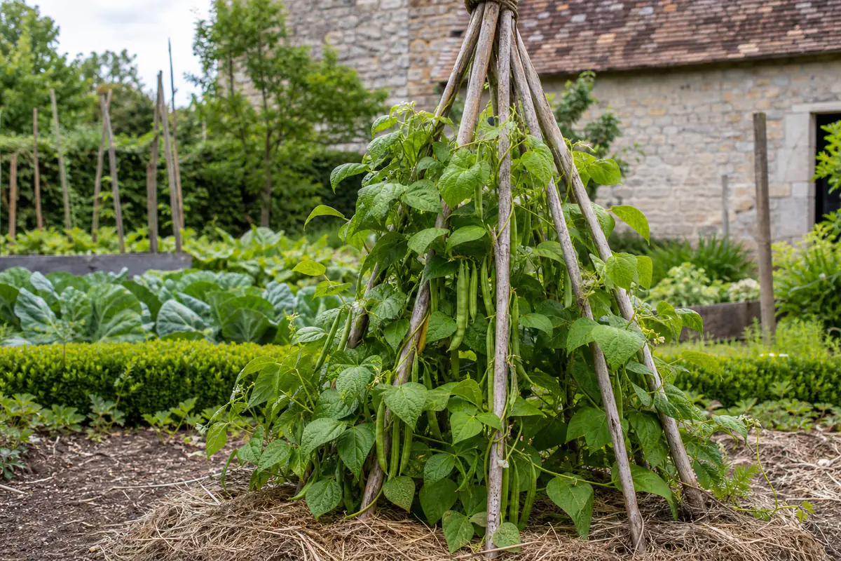 Tipi de tuteurs en bois couvert de haricots grimpants verts dans un potager familial ensoleillé