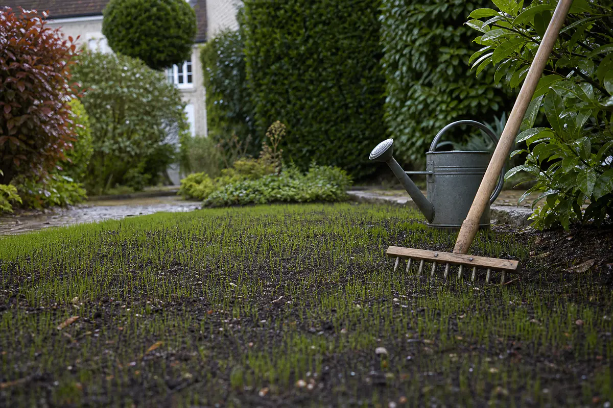 Jeune pelouse verte levée régulièrement après une pluie fine dans un jardin français à la lumière douce