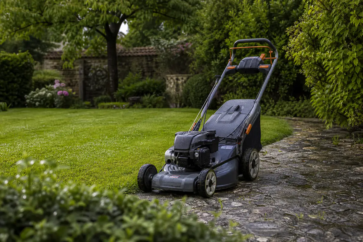Pelouse de jardin français fraîchement reverdie après une pluie douce, avec brins d’herbe perlés et tondeuse au repos