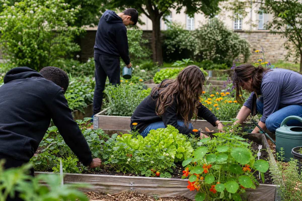 Élèves entretenant des bacs potagers fleuris et paillés dans une cour d’école verdoyante et ensoleillée.