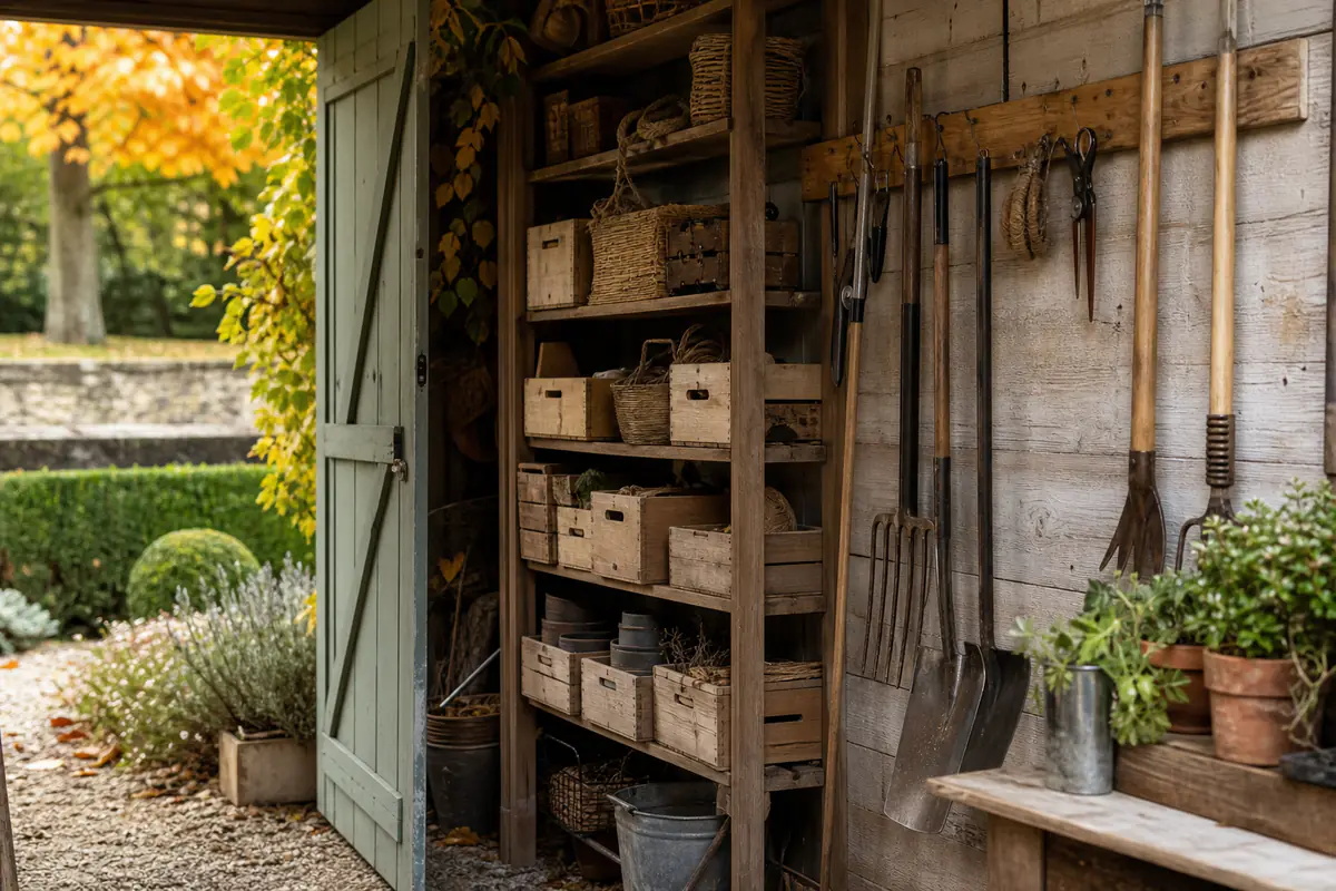 Outils de jardin propres et huilés, suspendus sur un panneau mural dans un abri lumineux à l’automne