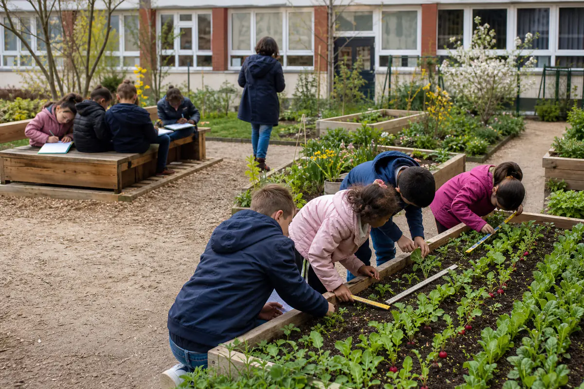 Enfants observant et mesurant des plantes dans des bacs potagers d’une cour d’école française ensoleillée.