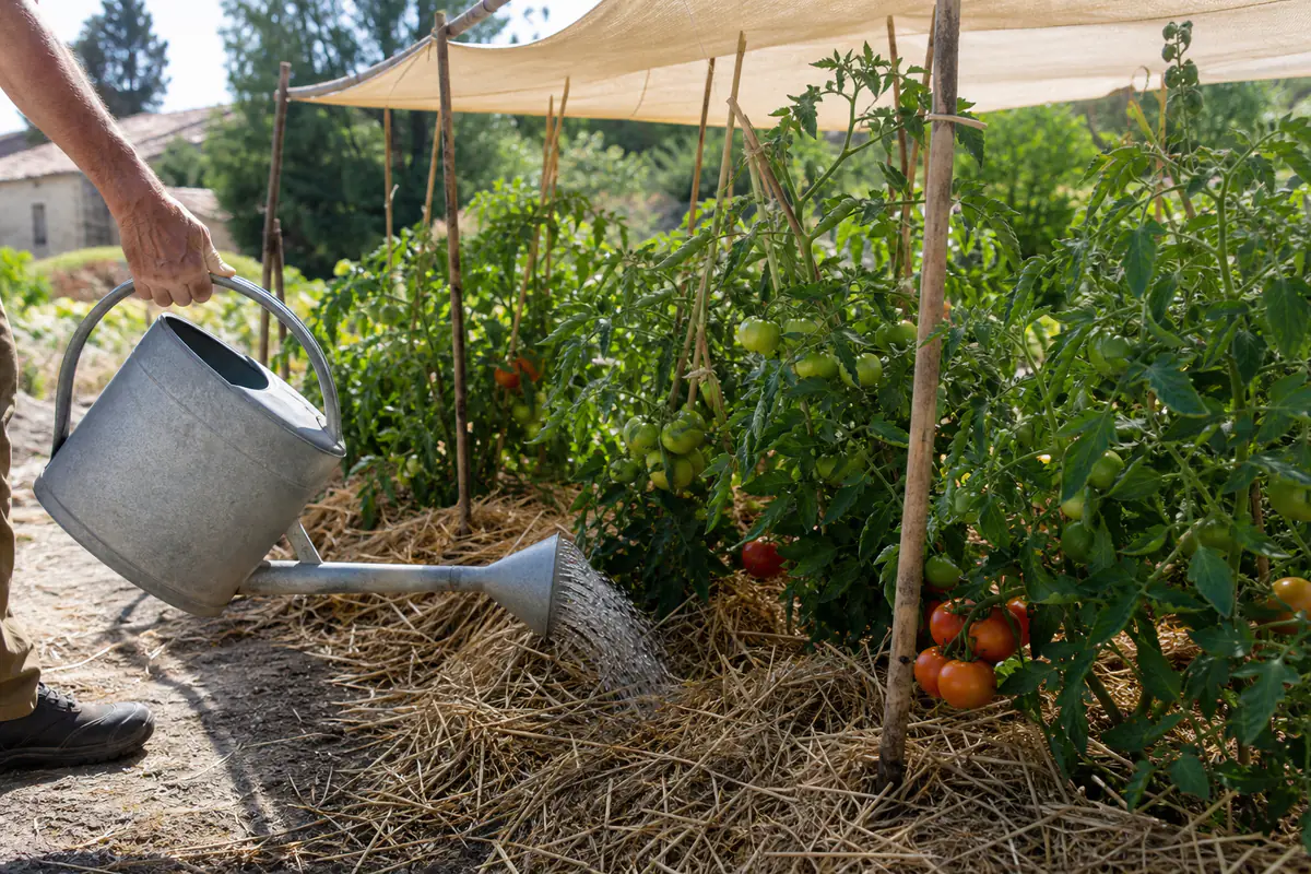 Plants de tomates paillés sous un voile d’ombrage léger, arrosés au pied dans un potager français en été