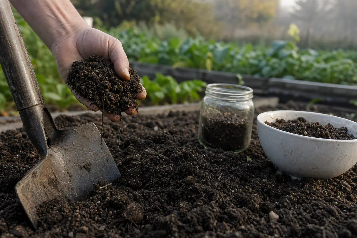 Main de jardinier tenant une poignée de terre brune au-dessus d’une bêche plantée dans un potager, lumière du matin