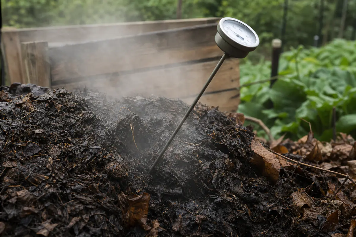 Thermomètre à sonde planté dans un tas de compost fumant, jardin français en matinée fraîche