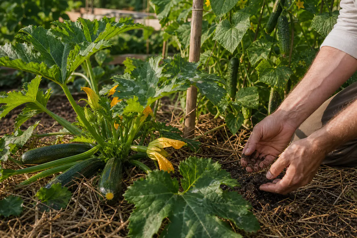 Plant de courgette et concombre tuteuré paillés, chargés de jeunes fruits dans un potager français lumineux