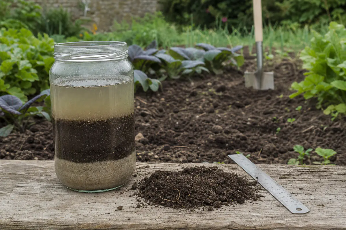Bocal en verre rempli de terre et d’eau posé au bord d’un potager, les couches de sable et d’argile visibles après décantation