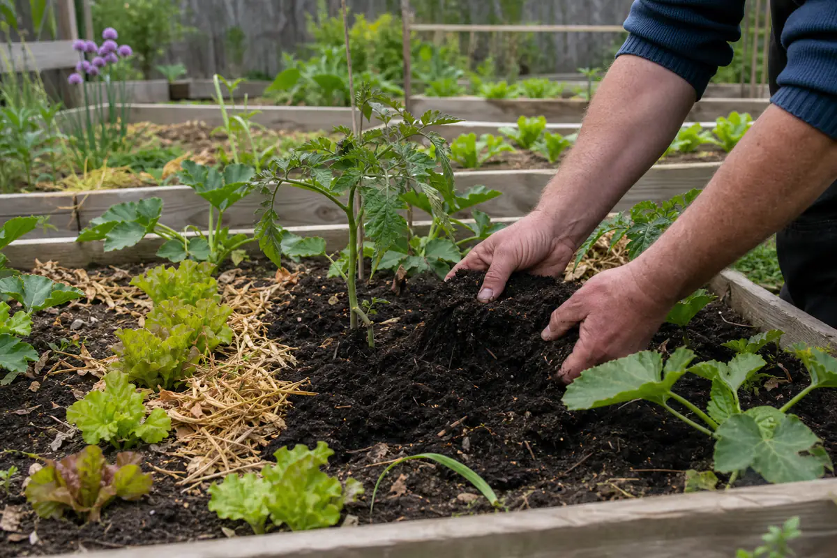 Potager français au printemps, compost mûr étalé autour de jeunes légumes sous un paillage végétal
