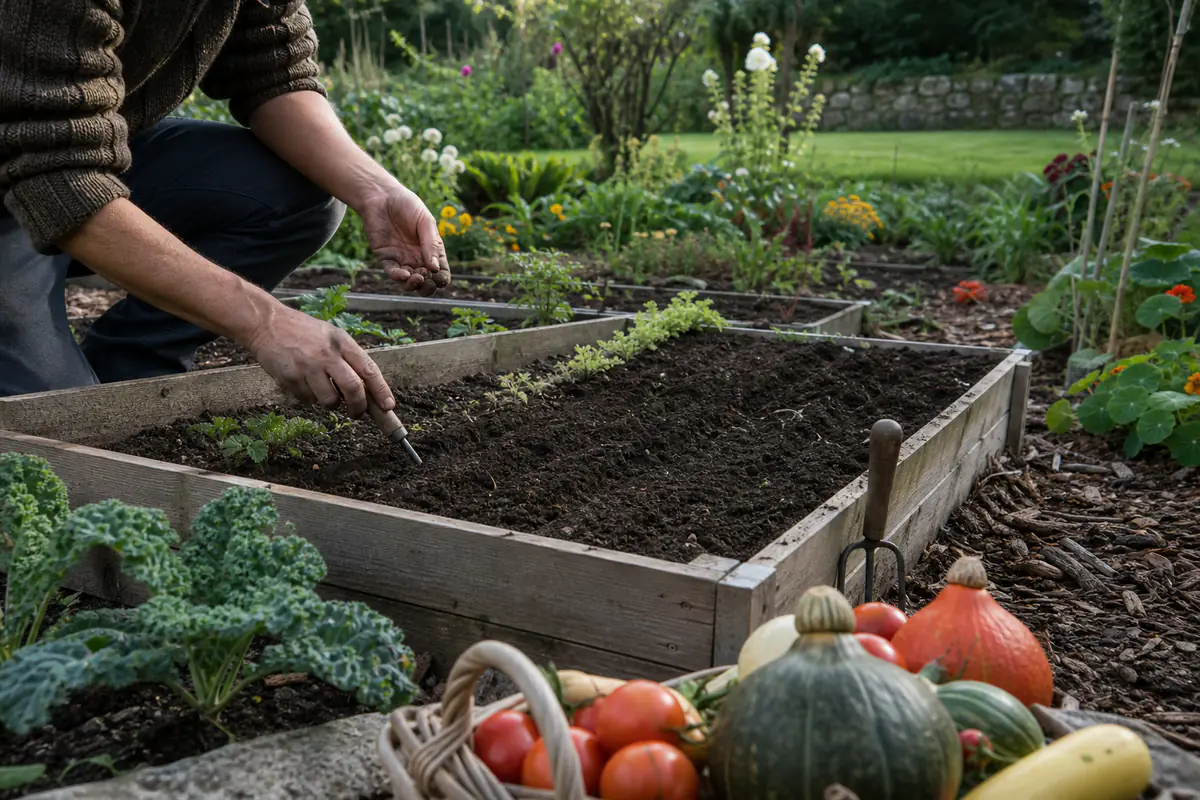 Jardinier semant des légumes d’automne dans un potager français ensoleillé au mois de septembre