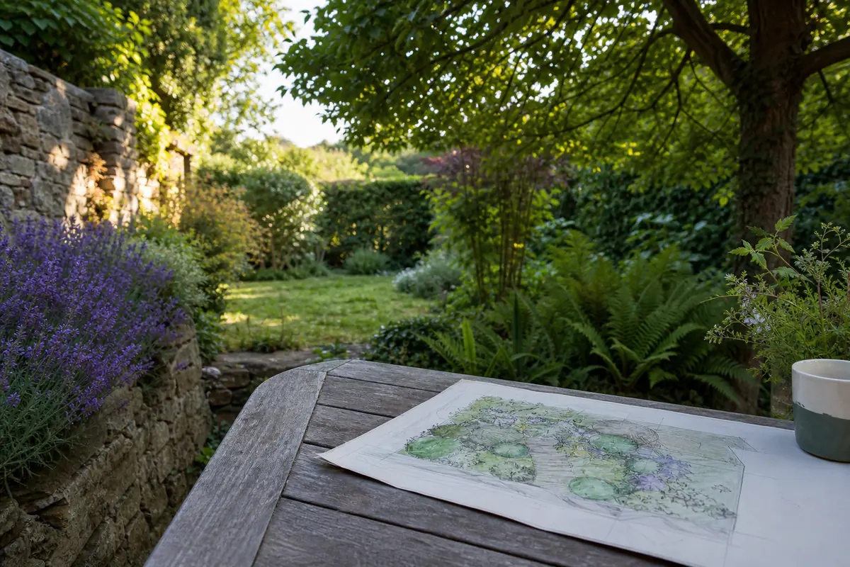 Jardin français ensoleillé montrant mur, haie, arbre et massifs illustrant plusieurs microclimats distincts