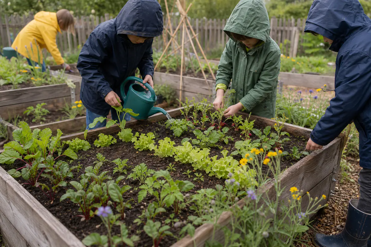 Enfants observant et arrosant des semis dans des bacs potagers d’une école en plein air, sous une lumière douce