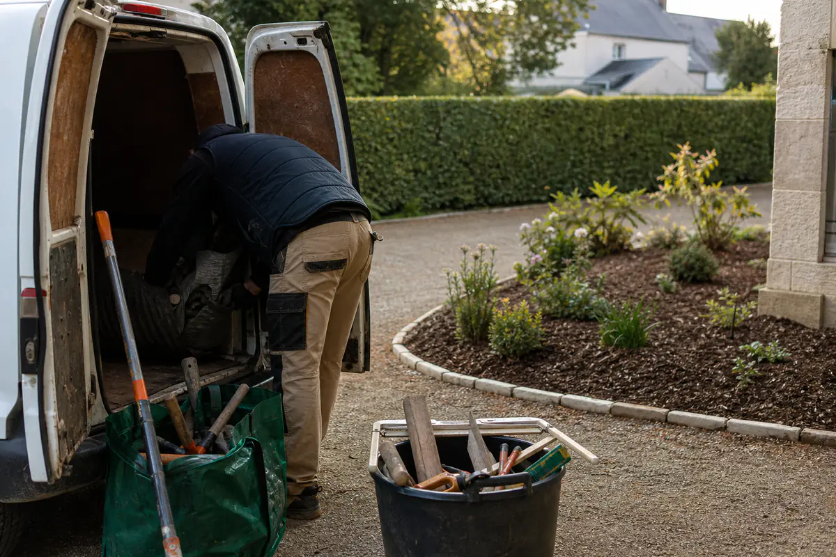 Jardinier indépendant préparant ses outils près d’un petit utilitaire devant un jardin entretenu et paillé.