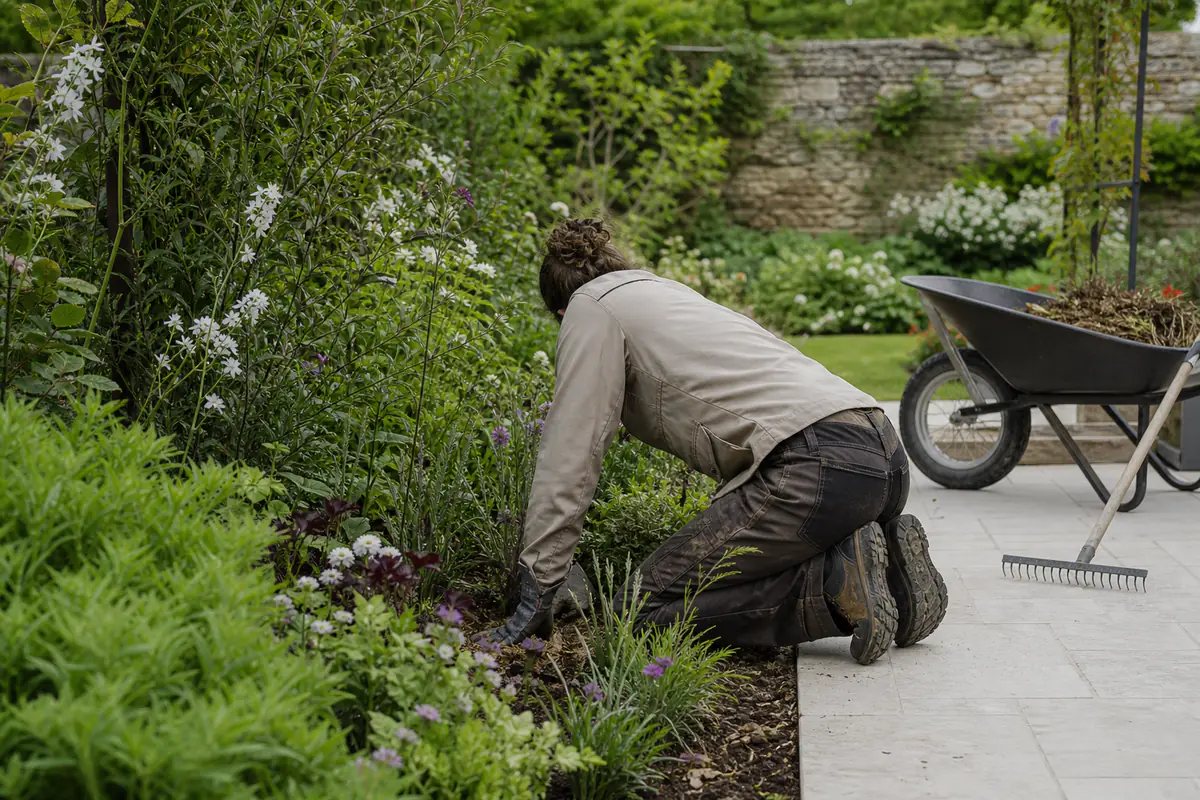 Intervenante entretenant une terrasse et des massifs fleuris dans un jardin familial soigneusement paillé