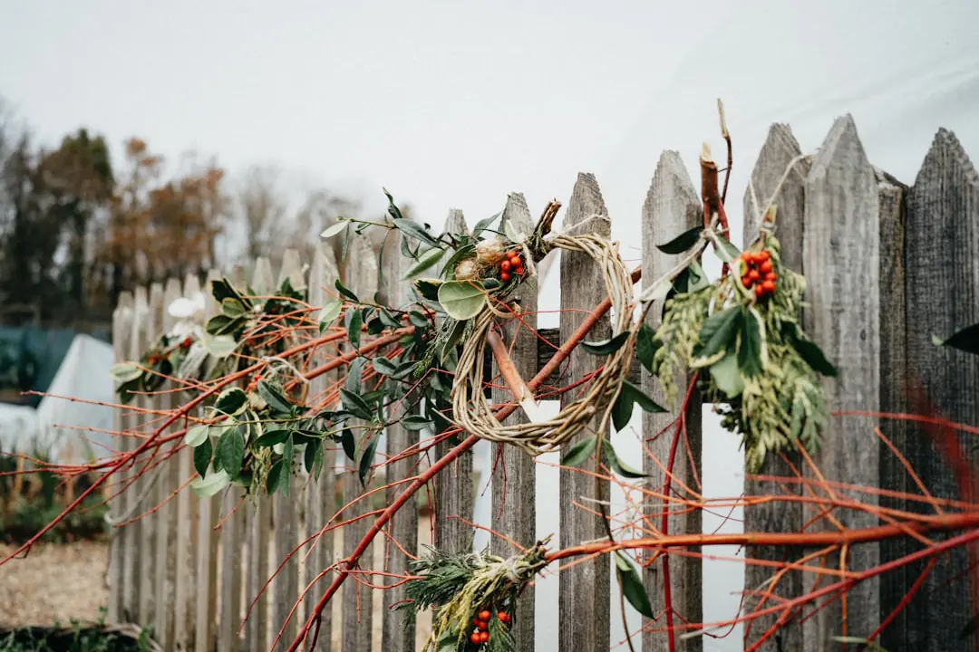 Couronne hivernale en sapin, pin et pommes de pin suspendue à une porte en bois sous un porche lumineux