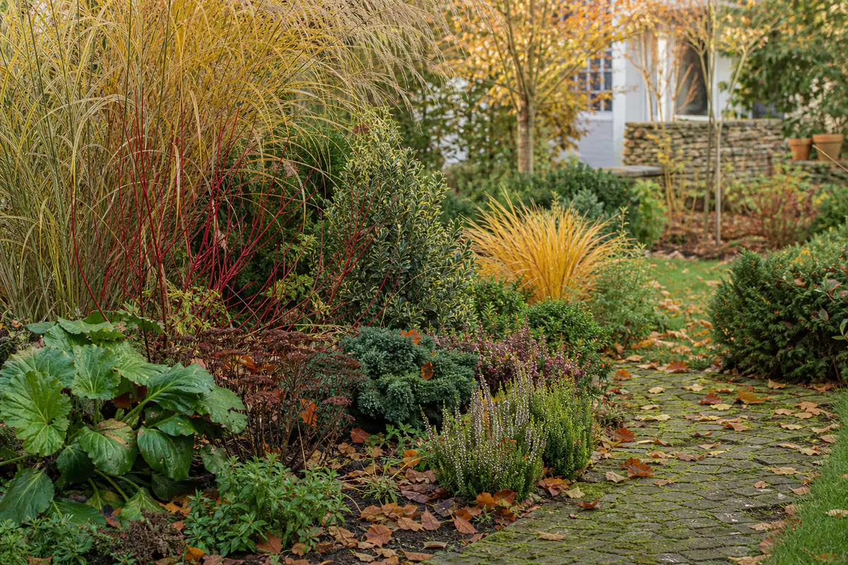 Massif de jardin français en automne mêlant graminées blondes, feuillages persistants et cornouiller coloré