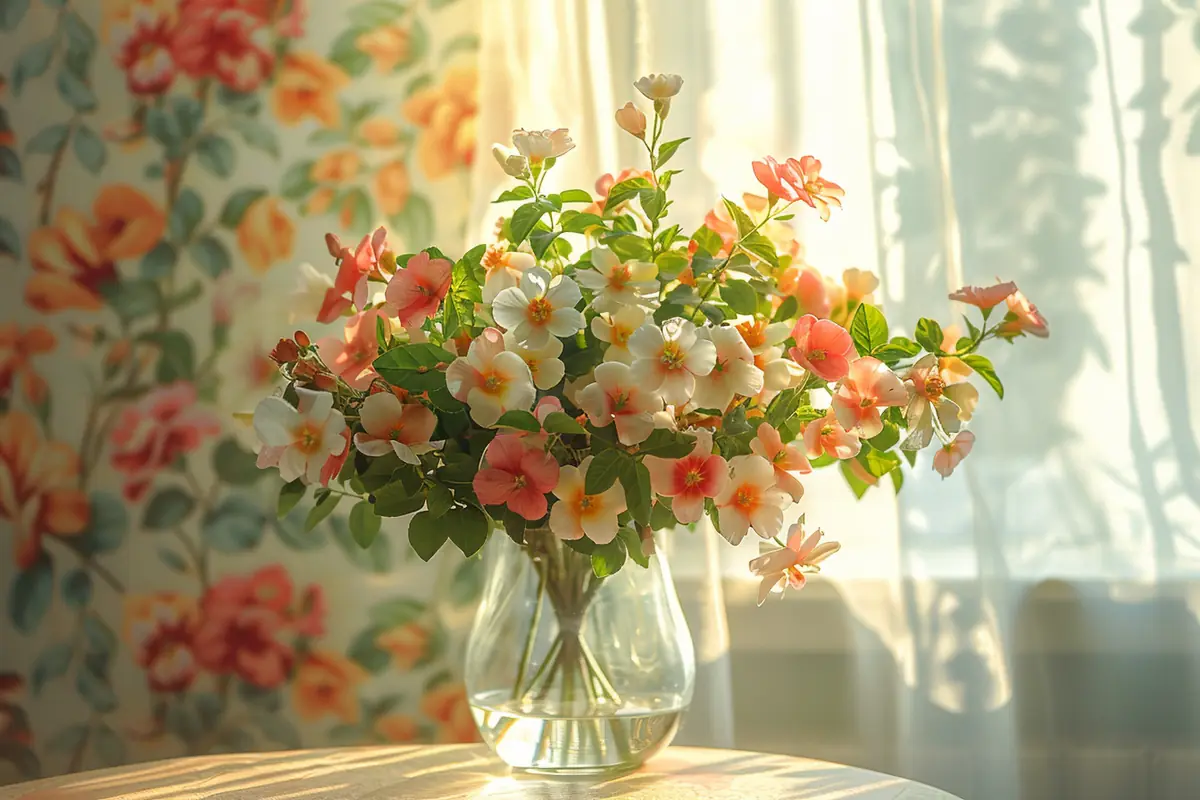 Main composant un bouquet parfumé de roses, freesias et menthe dans un vase en verre près d'une fenêtre