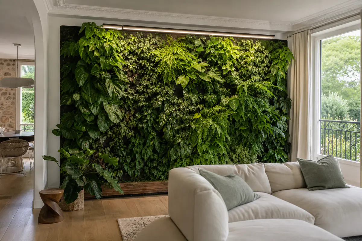 Mur végétal d’intérieur dense de pothos, fougères et fittonias dans un salon clair, éclairé par une barre horticole