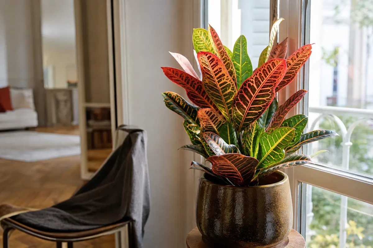 Croton aux feuilles bariolées de rouge, orange et vert près d'une fenêtre lumineuse dans un intérieur français