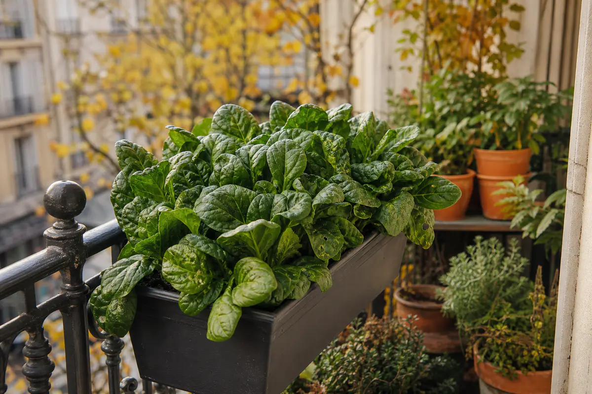 Jardinière de balcon avec des plants d'épinards aux feuilles vert foncé sur une terrasse française en automne