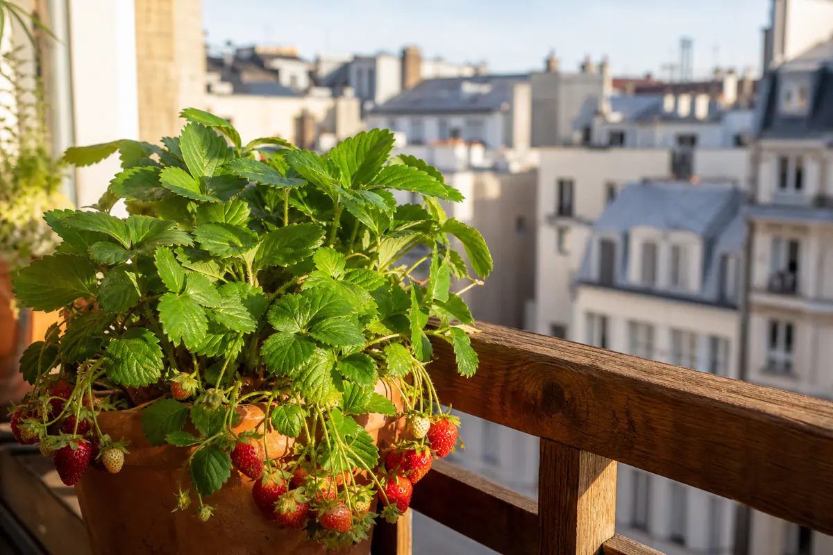 Fraisier en pot chargé de fraises mûres sur un balcon parisien ensoleillé, feuillage vert dense et fruits rouges